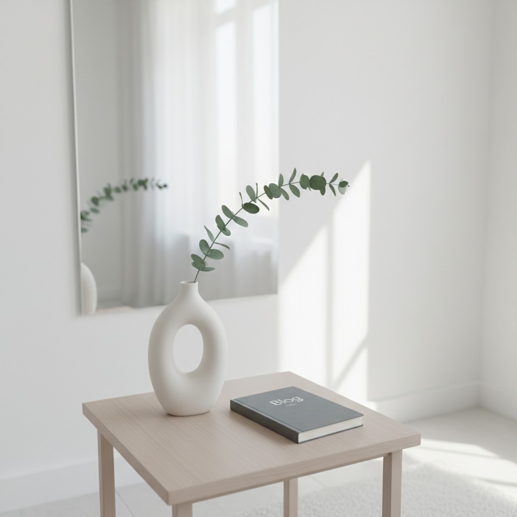 A decorative vase with a book on a table, set against a bright and airy room with natural lighting.
