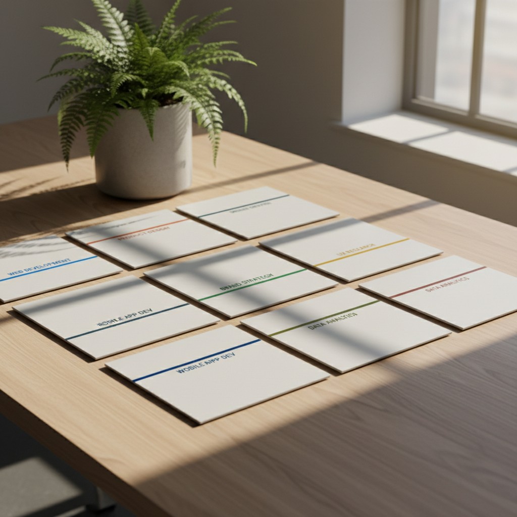 A collection of white business cards, divided into equal rows, featuring distinct colored lines above various written phra...
