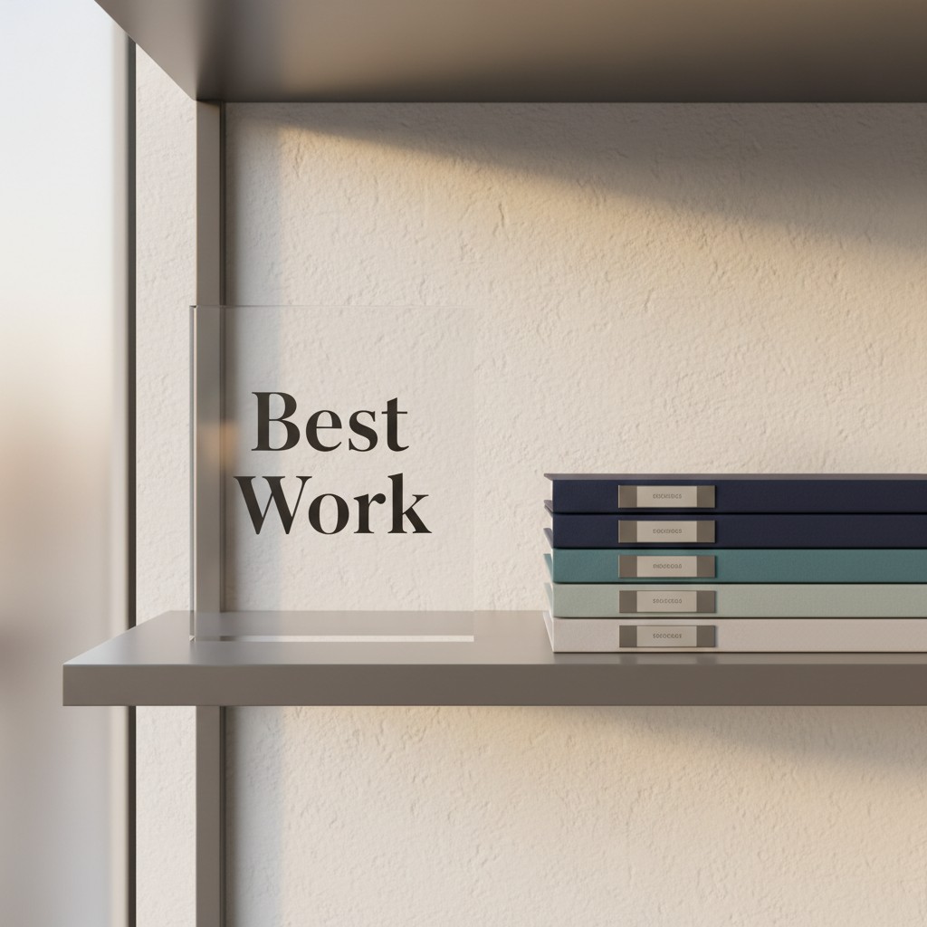 "No visible text. Object on shelf with labeled files. Text says 'Best Work'."