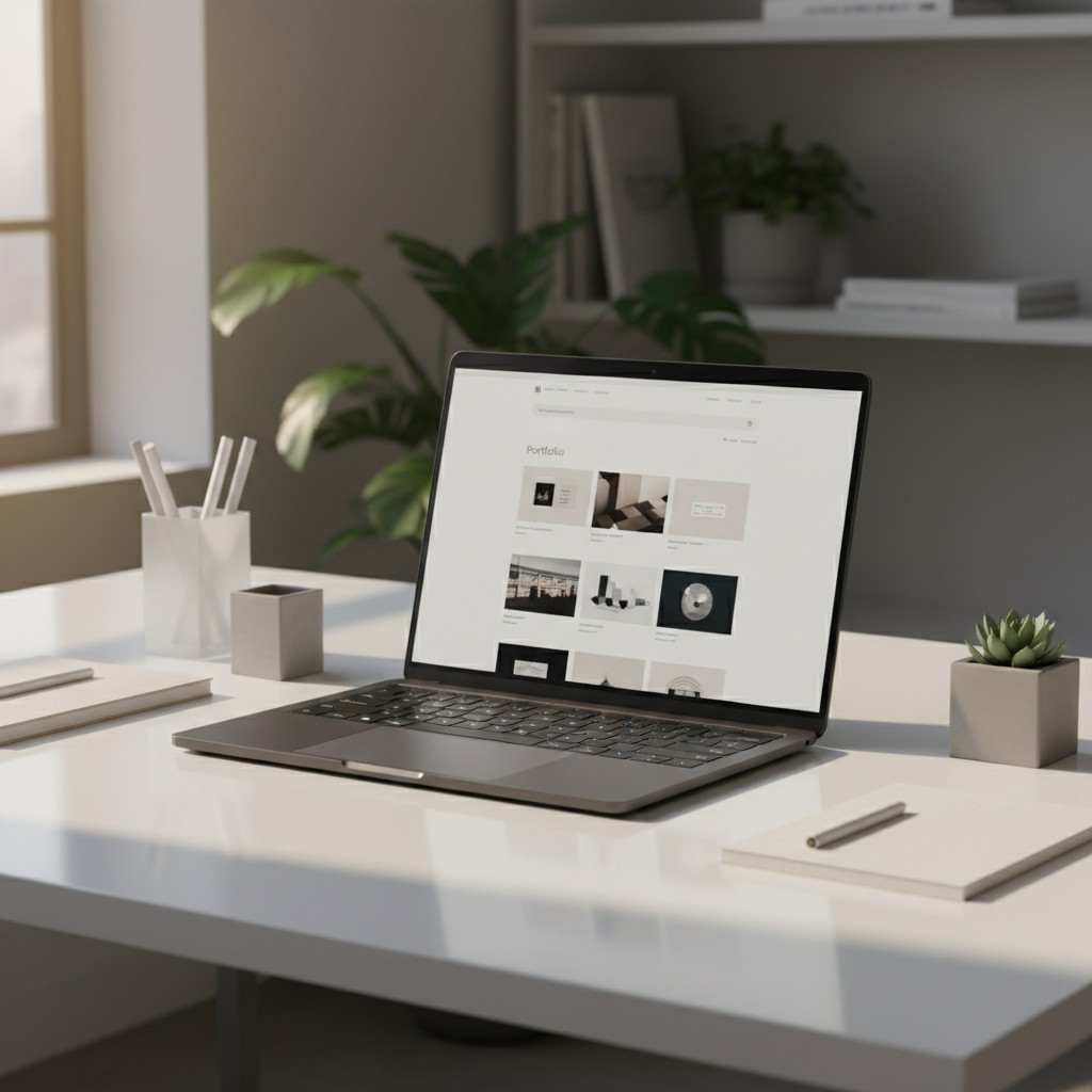 A laptop on a desk, with a blurred office background, displaying a neutral website with a portfolio theme.